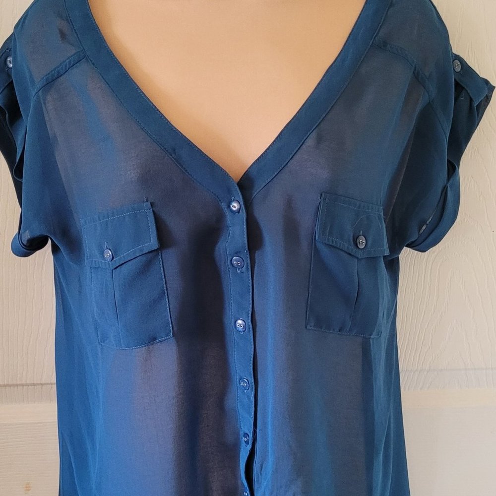 Runs big Papaya sheer asymetrical top